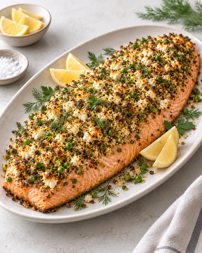 Baked Whole Salmon with Quinoa, Green Pea & Feta Crust