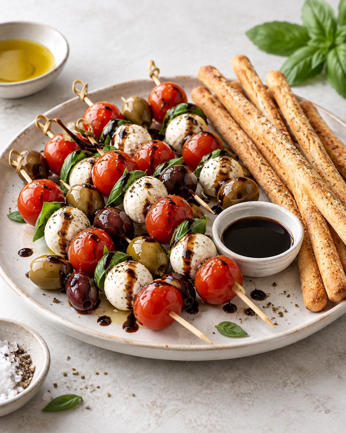 Caprese & Olive Skewers with Balsamic & Italian Breadsticks