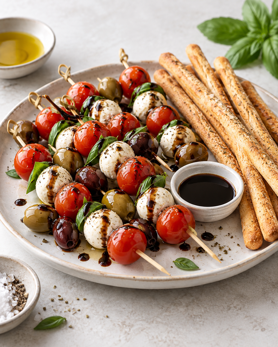Caprese & Olive Skewers with Balsamic & Italian Breadsticks
